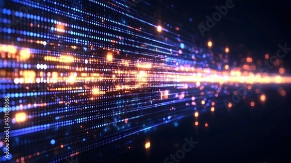 Fototapeta An abstract digital stream of glowing light particles, traversing a dark, digital space