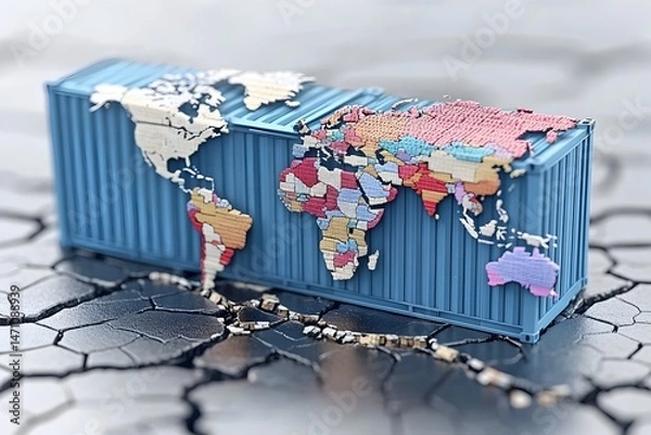 Fototapeta A blue shipping container with a world map on its side, representing global trade and interconnectedness