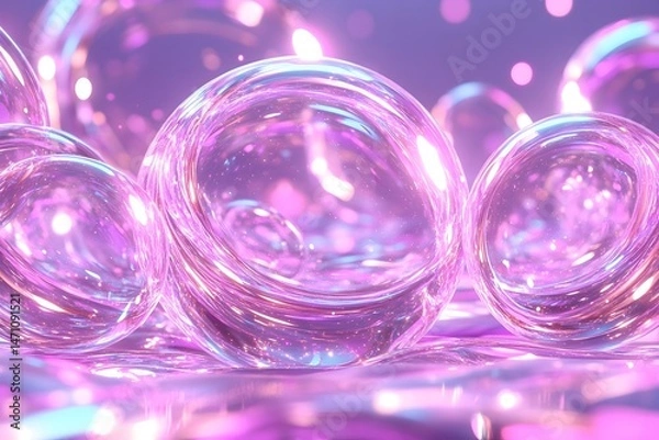Fototapeta A group of iridescent, transparent spheres, seemingly floating against a pink, glittering backdrop