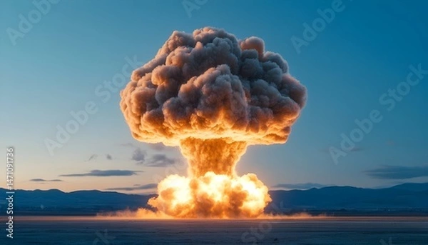 Fototapeta A large mushroom cloud rises from a nuclear explosion in a desolate landscape