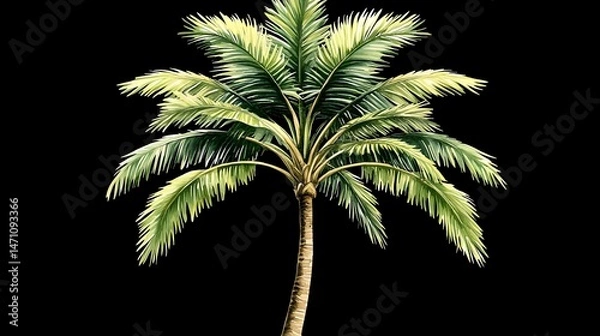 Fototapeta A single palm tree with green leaves against a black background