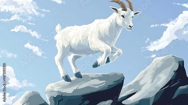 Obraz White goat leaping above rocky terrain under cloudy sky