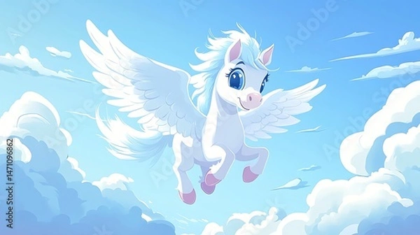 Obraz Winged horse floating in sky cartoon illustration