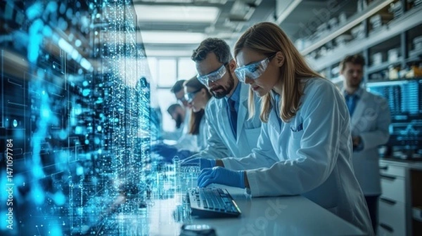 Obraz A team of dedicated scientists in lab coats analyze complex data on advanced computer systems to advance medical research and development in the future.