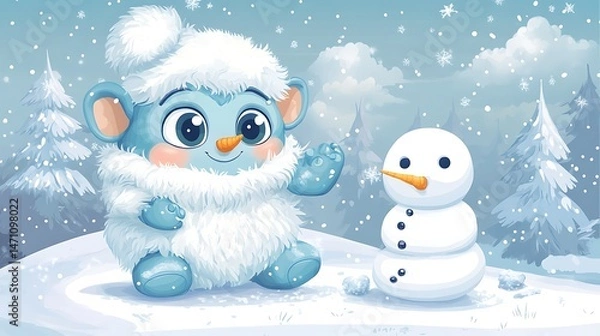 Obraz Winter creature with snowman illustration