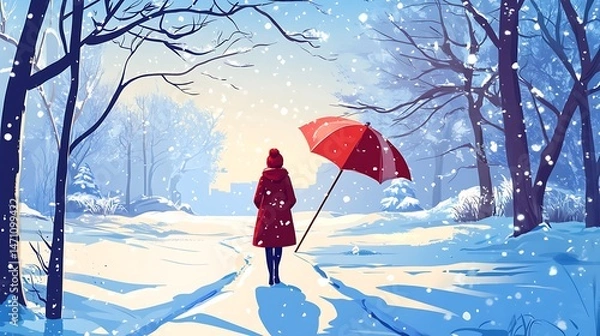Obraz Winter scene person with red umbrella in snowy landscape