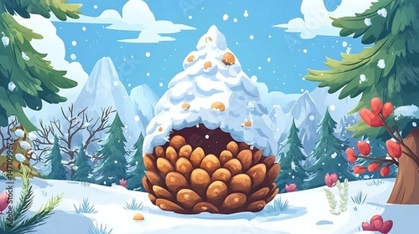 Obraz Winter scene with snowy pine cone