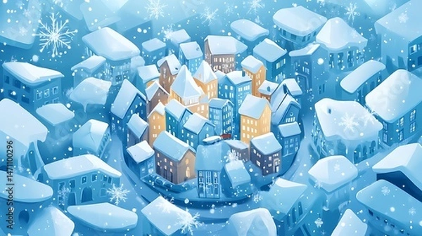 Obraz Winter village aerial view snowy rooftops illustration
