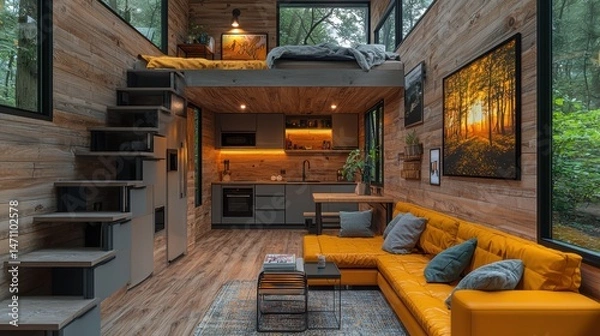 Obraz Modern tiny house interior showcasing living space with mustard-colored sofa, kitchen, stairs to loft bed, and wooden walls surrounded by nature in a forest setting.