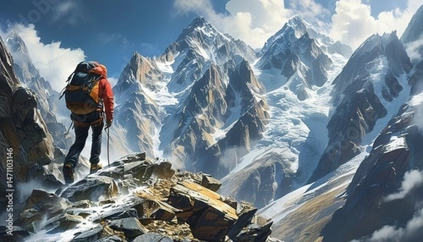 Fototapeta Fearless climber reaching for the sky, epic journey through majestic snow-covered mountains