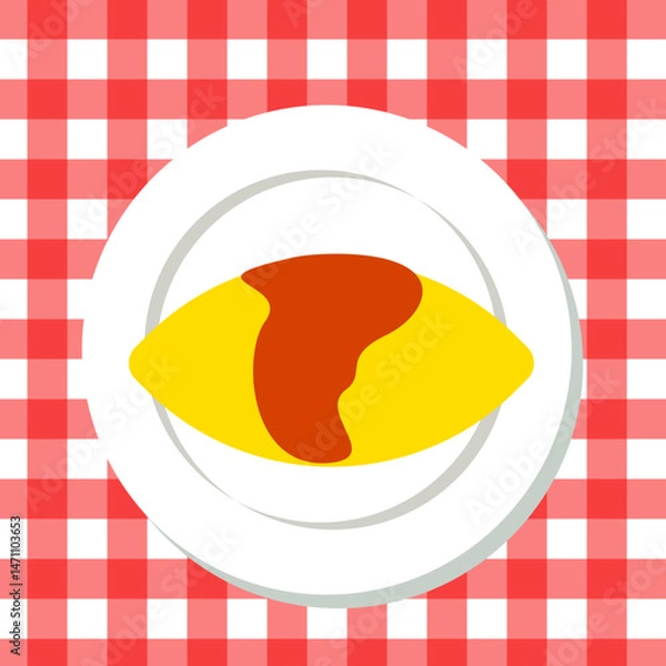 Obraz ギンガムチェックの背景とオムライスのフラットイラスト