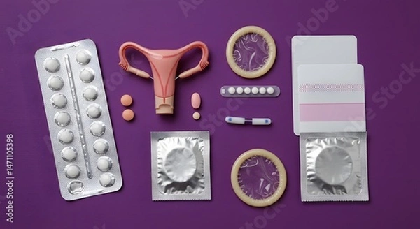 Obraz Birth Control Options: Contraceptive Pills, Condoms, IUD Model on Purple Background. Demonstration of contraceptive use and the concept of safe, protected sex.