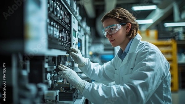 Obraz Female engineer in safety glasses adjusts settings on complex machinery within a modern industrial factory laboratory for research and development projects.