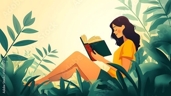 Obraz Woman enjoying book in garden surrounded by lush greenery