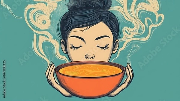 Obraz Woman enjoying soup illustration