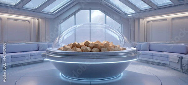 Fototapeta Futuristic room with modern seating and central transparent dome filled with cube shaped objects, bright and clean design