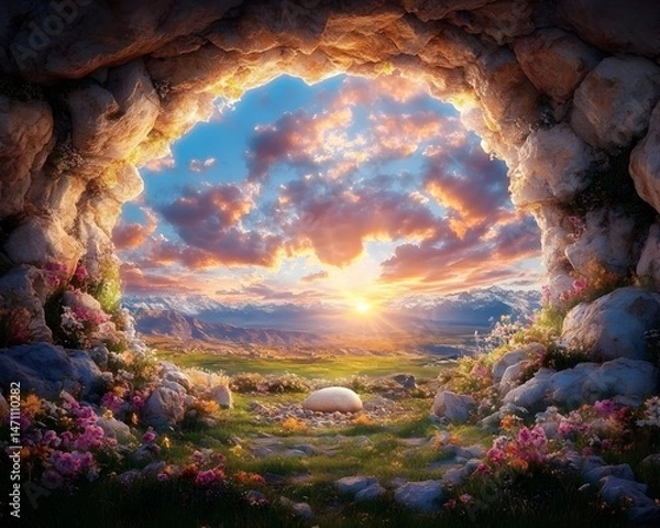 Obraz A majestic sunrise over a mountainous landscape, framed by a stone archway and vibrant flowers, with a single egg nestled in the grass
