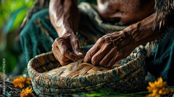 Obraz An indigenous person meticulously weaves a traditional basket from natural materials, showcasing their craftsmanship and preserving cultural heritage in lush surroundings.