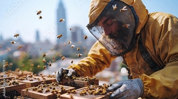 Obraz A beekeeper in protective gear tending to his beehives on a rooftop with bees flying around and a city skyline in the background on a sunny day.