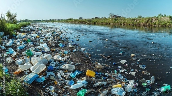 Obraz Extensive plastic waste contaminates the riverbank and water, demonstrating serious environmental pollution harming nature with its trash accumulation in waterway.