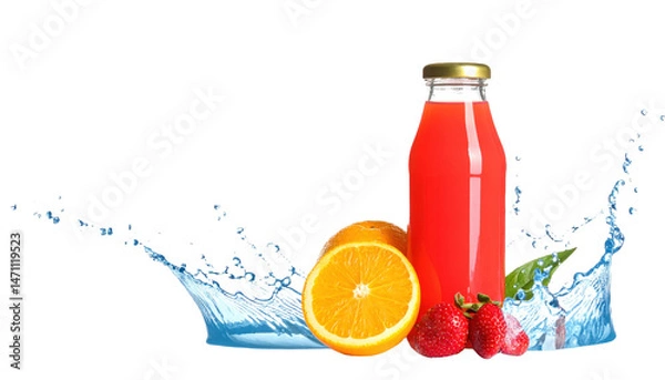 Obraz bottle of fresh fruit juice with splash effect on white background png