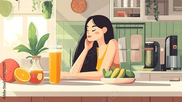 Obraz Woman relaxing in kitchen with fruit and juice