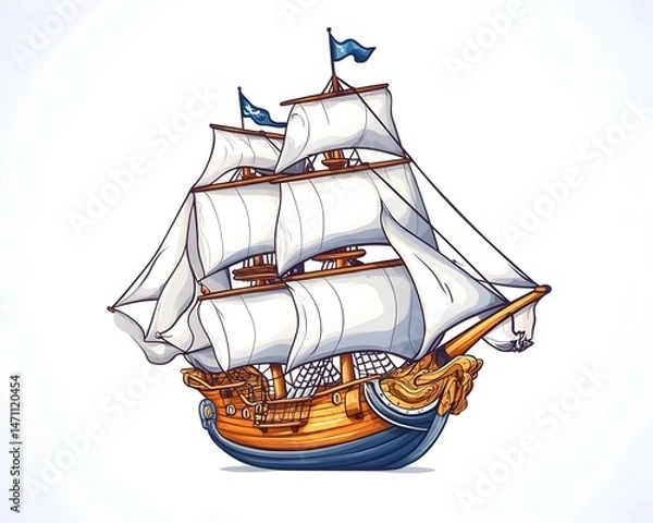 Fototapeta A detailed illustration of a three-masted sailing ship with white sails, brown hull, and blue accents, set against a white background