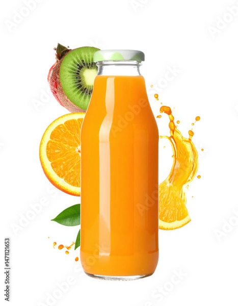 Obraz bottle of fresh fruit juice with splash effect on white background png