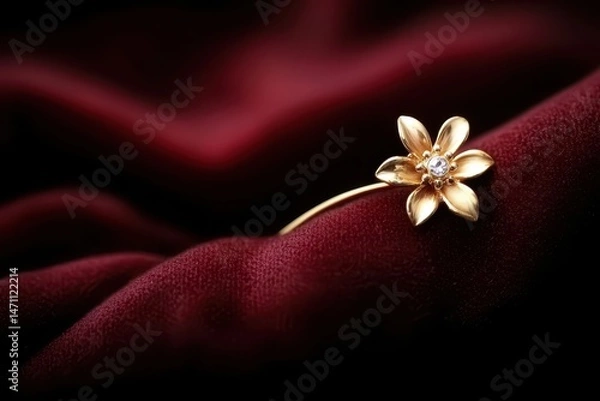 Obraz A delicate gold flower ring with a diamond center rests elegantly on rich, burgundy velvet fabric.