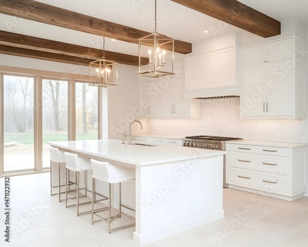 Fototapeta A spacious, modern kitchen with white cabinets, a large island, and a white tiled backsplash. The kitchen has a large window overlooking a green lawn