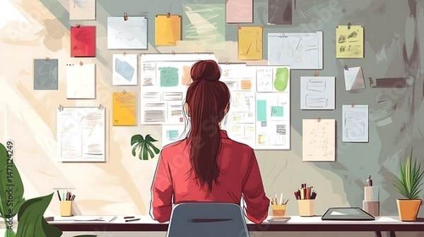Obraz Woman working at a desk with sticky notes