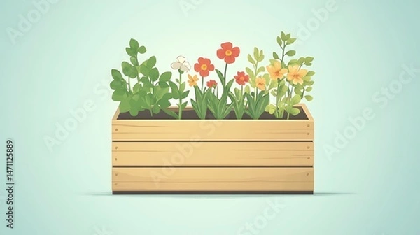 Obraz Wooden planter box displaying diverse flowers and green foliage