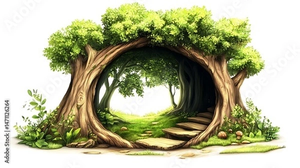 Obraz Woodland archway illustration with trees green landscape and natural scene