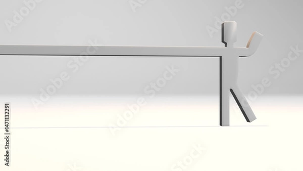 Fototapeta 3d render of a man with long right arm and raise left arm  in white background