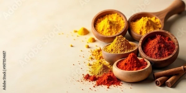 Obraz Aromatic Spices in Wooden Bowls and Spoons, Spilling onto a Light Surface