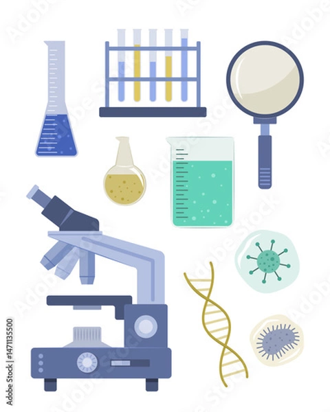 Fototapeta Set of Science Laboratory Equipment Flat Design Element Clip Art