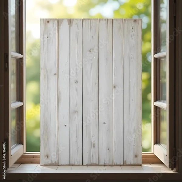 Fototapeta Empty Wooden board on blurred background window view during summertime