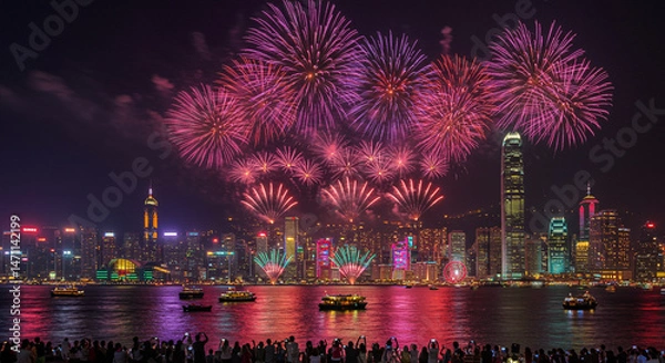 Fototapeta Spectacular firework display over illuminated Hong Kong's Victoria Harbor
