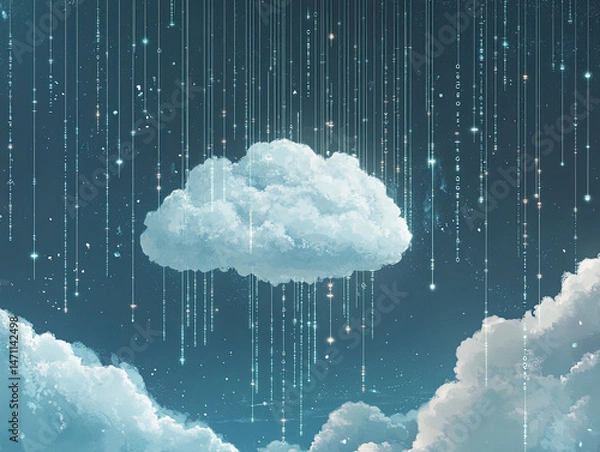 Obraz cloud computing data storage illustration, stylized white cloud symbols with digital binary streams in the sky 