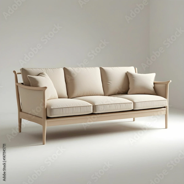 Fototapeta A Scandinavian-style 3-seater sofa with a light wood frame.