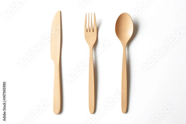 Fototapeta Wooden Spoon, Fork and Knife – Reusable, Sustainable Tableware on White Background