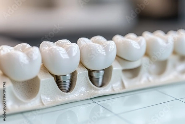 Fototapeta Dental Implants and Crowns in a Row on Ceramic Jaw Model for Prosthetic Demonstration