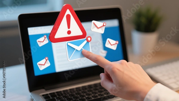 Fototapeta Spam Alert Warning Over Email Icons with Hand on Laptop