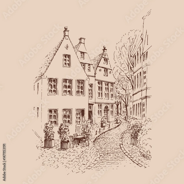 Fototapeta Charming european street. Hand drawn vector illustration.
