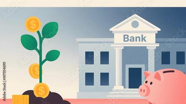 Obraz Financial Growth and Savings: Bank Building, Piggy Bank, and Growing Money Tree