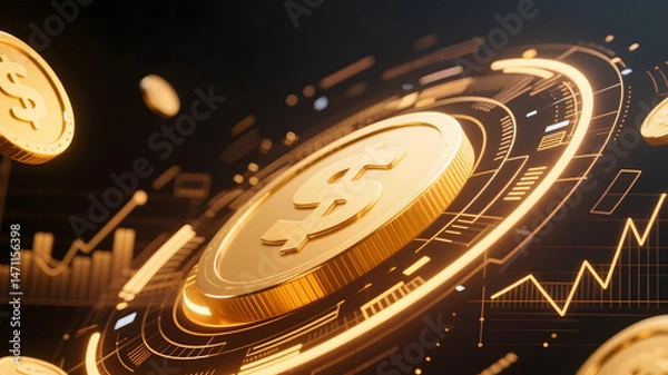 Obraz Golden Cryptocurrency Coin with Futuristic Analytics and Growth Charts