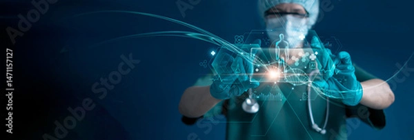 Fototapeta Digital healthcare, Medicine doctor work of electronic medical record on virtual network. DNA. and connected with hologram modern in a biotech lab, medical technology and futuristic concept.