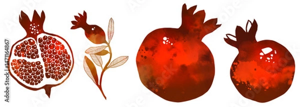 Obraz Watercolor pomegranate set with hand painted fruits and botanical elements. Includes whole fruit, cut half, seeds and branch. Ideal for postcards, invitations, prints, decoupage, kitchen art.