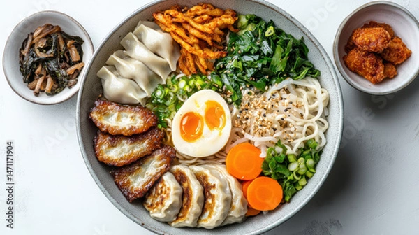 Fototapeta Delicious bowl of noodles with gyoza, vegetables, and soft boiled egg, perfect for sharing
