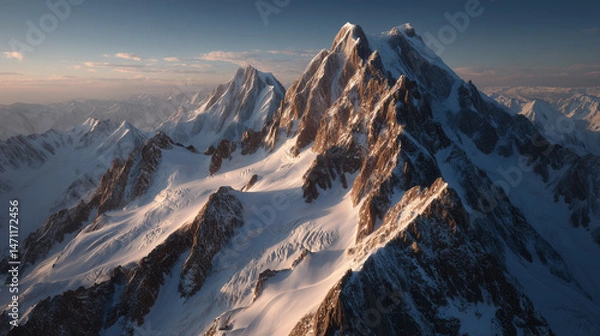 Fototapeta Dramatic aerial landscape of a rugged mountain range at sunrise, with golden light illuminating jagged peaks and deep shadows in snowy crevices.
